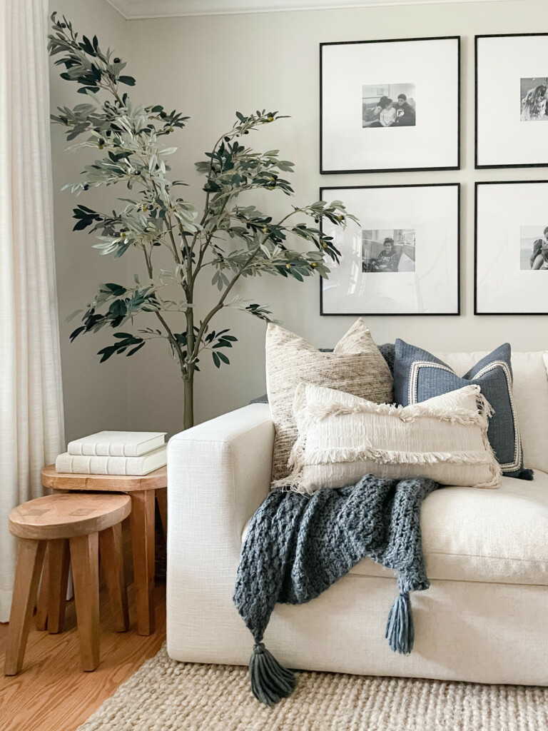 neutral home, transitional decor, winter pieces, coastal home, cozy area, faux greenery, decor display