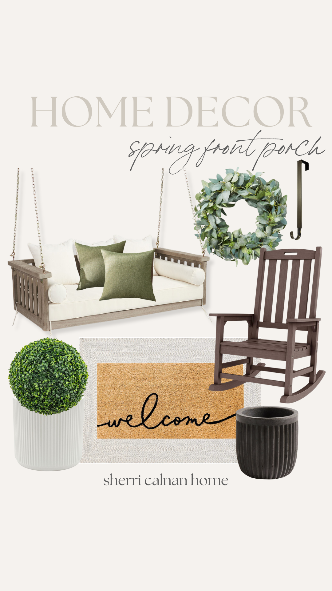 spring front porch styling | spring, spring front porch, spring home, home decor, front porch, porch swing, rocking chair, outdoor seating, welcome mat, neutral home, coastal home