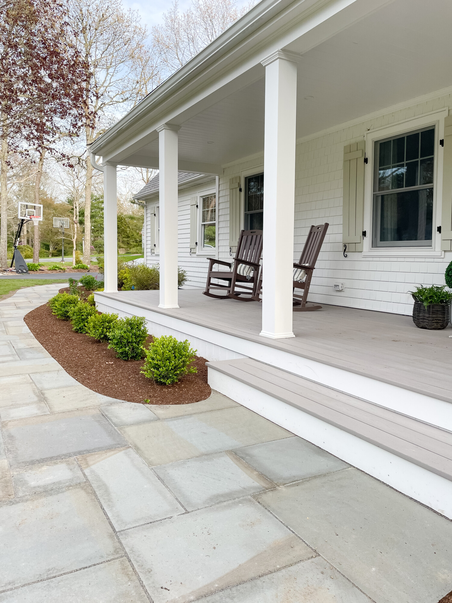 spring front porch styling | spring, spring front porch, spring home, home decor, front porch, gardening, landscaping, walkway, blue stone, spring 