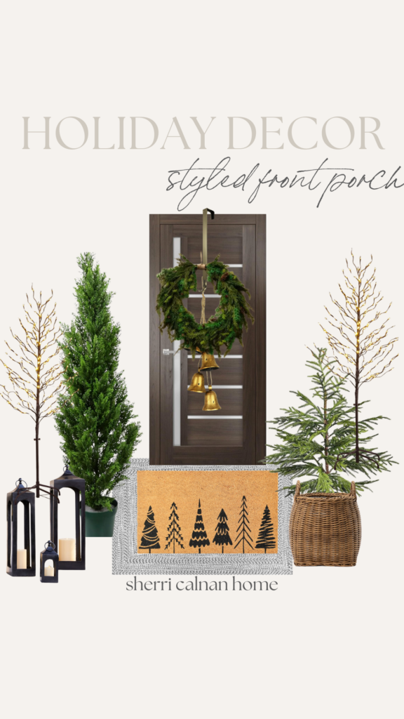 Christmas front porch | front porch styling, home decor, Christmas decor, outdoor Christmas decor, cozy front porch, Christmas wreath, twinkle trees