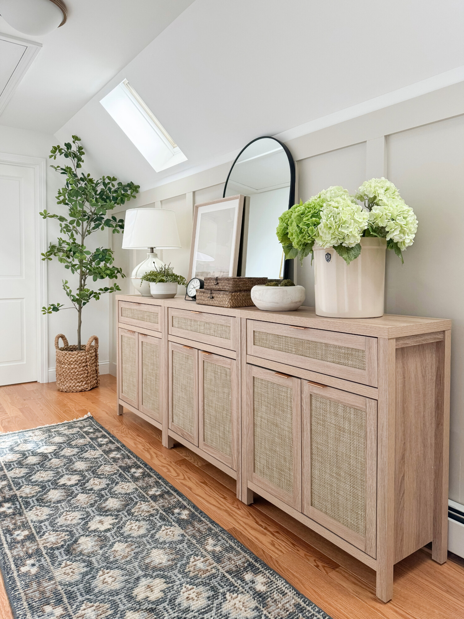 rattan cabinet with green plants and coastal accents