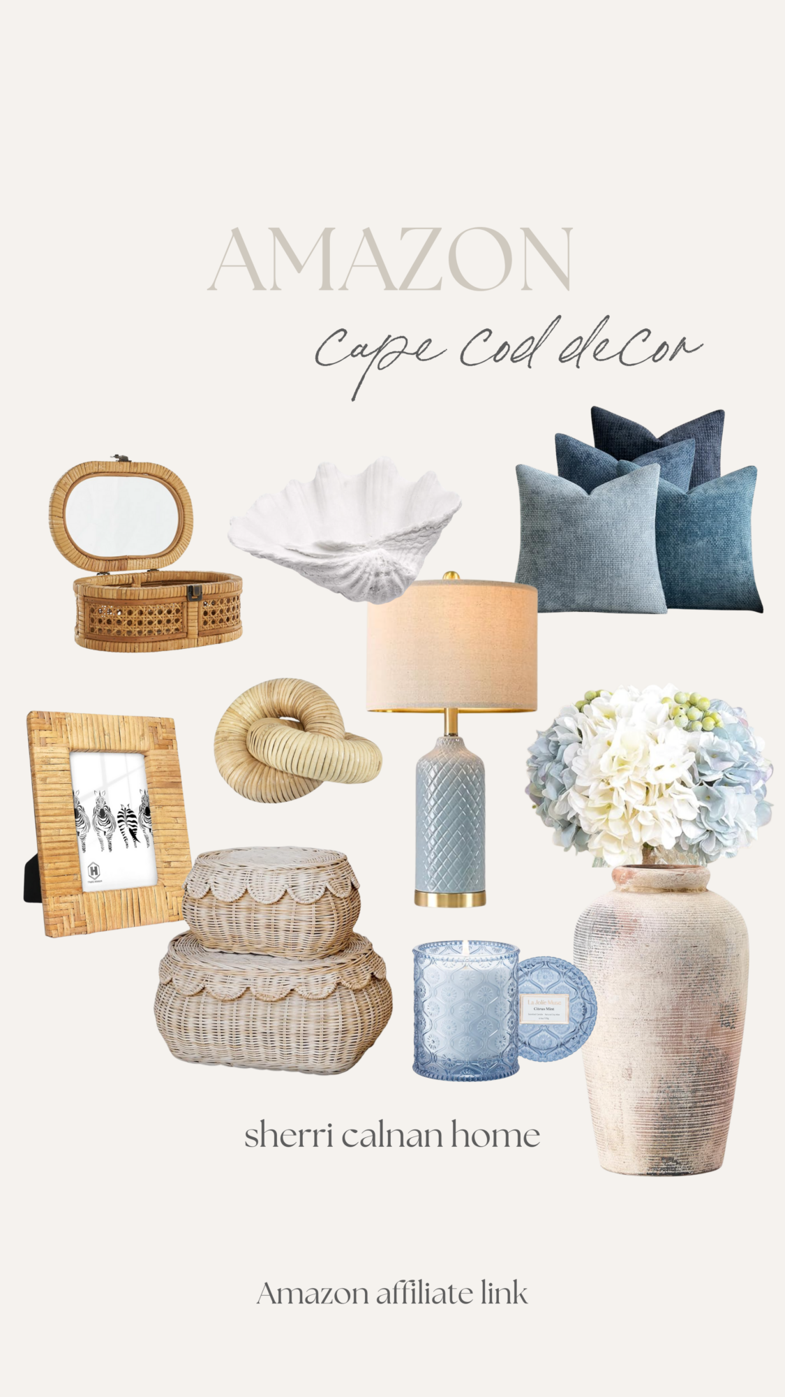 amazon cap cod decor. vase, woven and rattan baskets, faux flowers, blue lamp and pillows