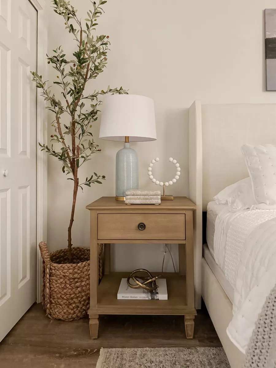 wayfair wood nightstand in coastal guest bedroom