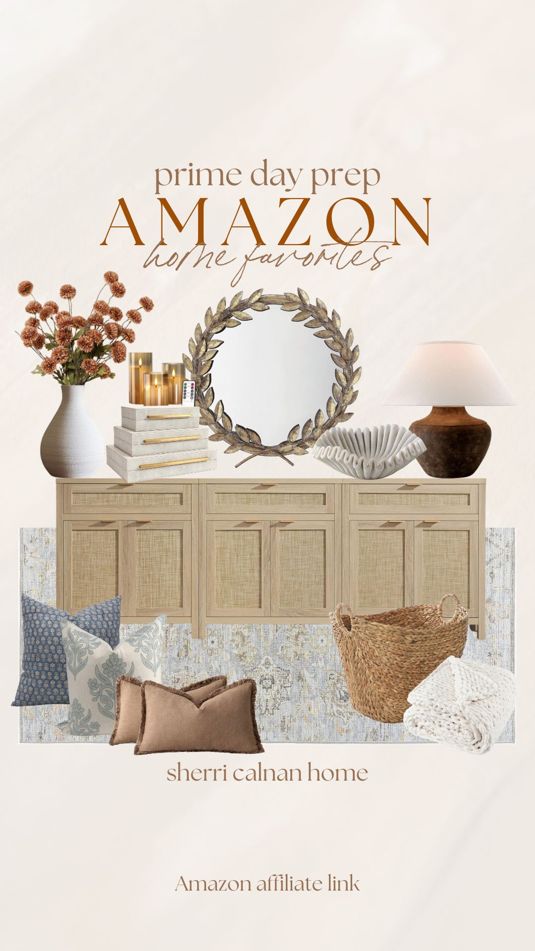 Amazon Prime Day home decor favorites featuring a woven basket, round mirror, neutral throw pillows, table lamp, and cozy blanket with coastal inspired style.