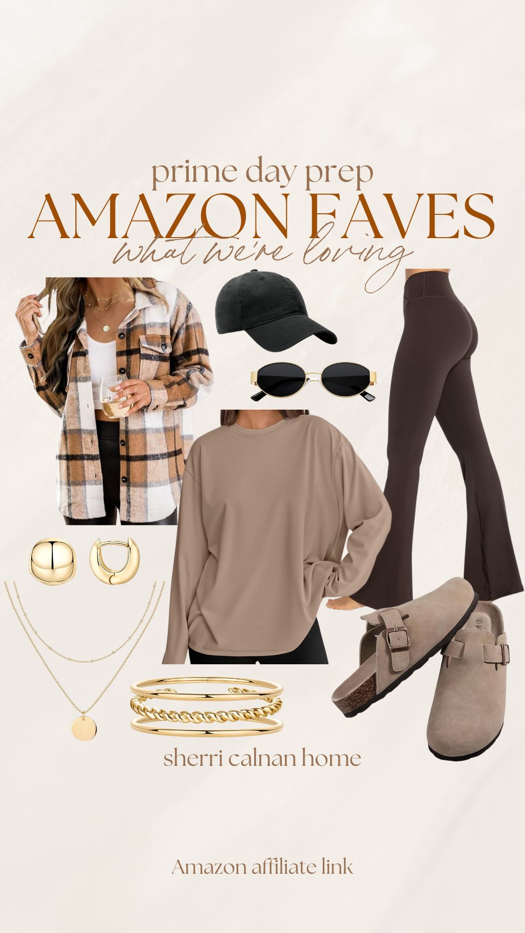Amazon Prime Day fashion favorites featuring a plaid shacket, neutral pullover, black sunglasses, gold jewelry, suede clogs, and casual leggings with classic Amazon style finds.