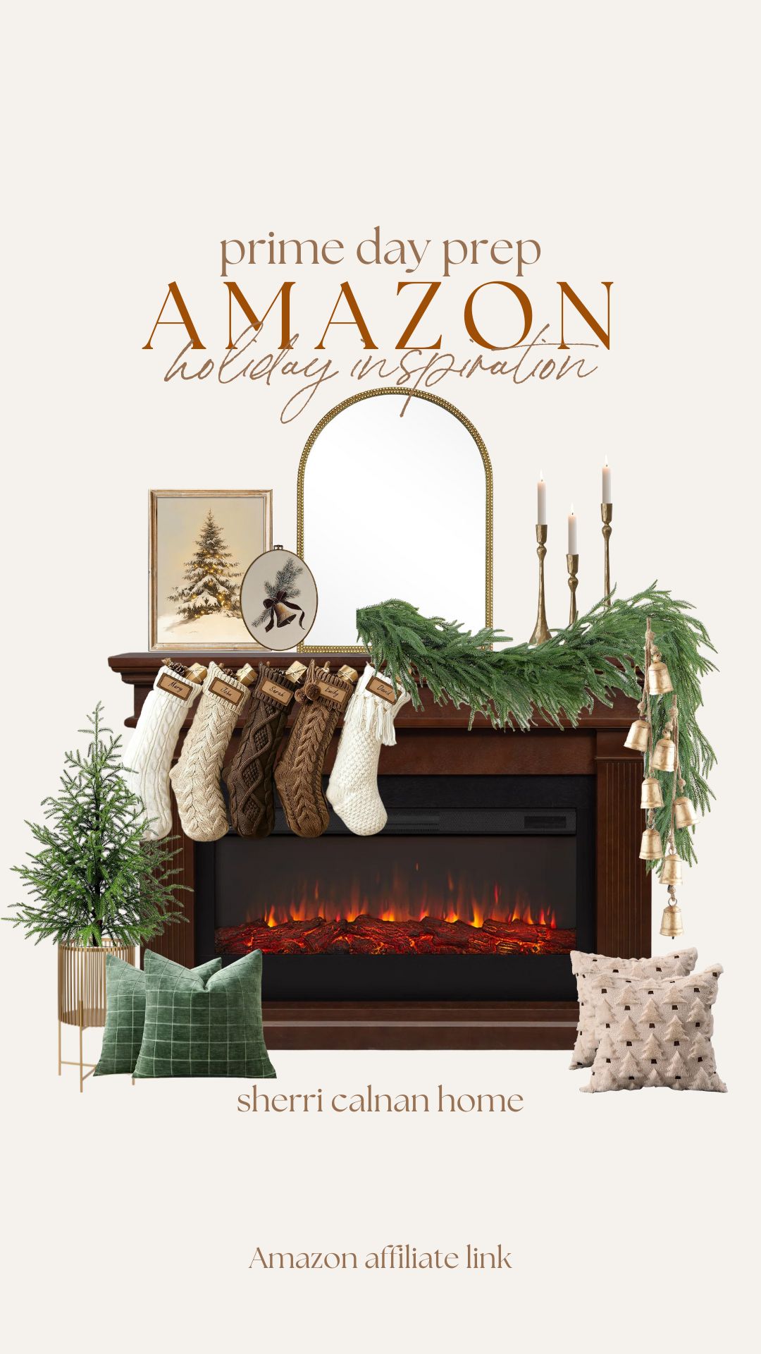 Amazon Prime Day holiday decor inspiration with faux greenery garland, knit stockings, gold candlesticks, a mini Christmas tree, and velvet pillows for seasonal Amazon home accents.