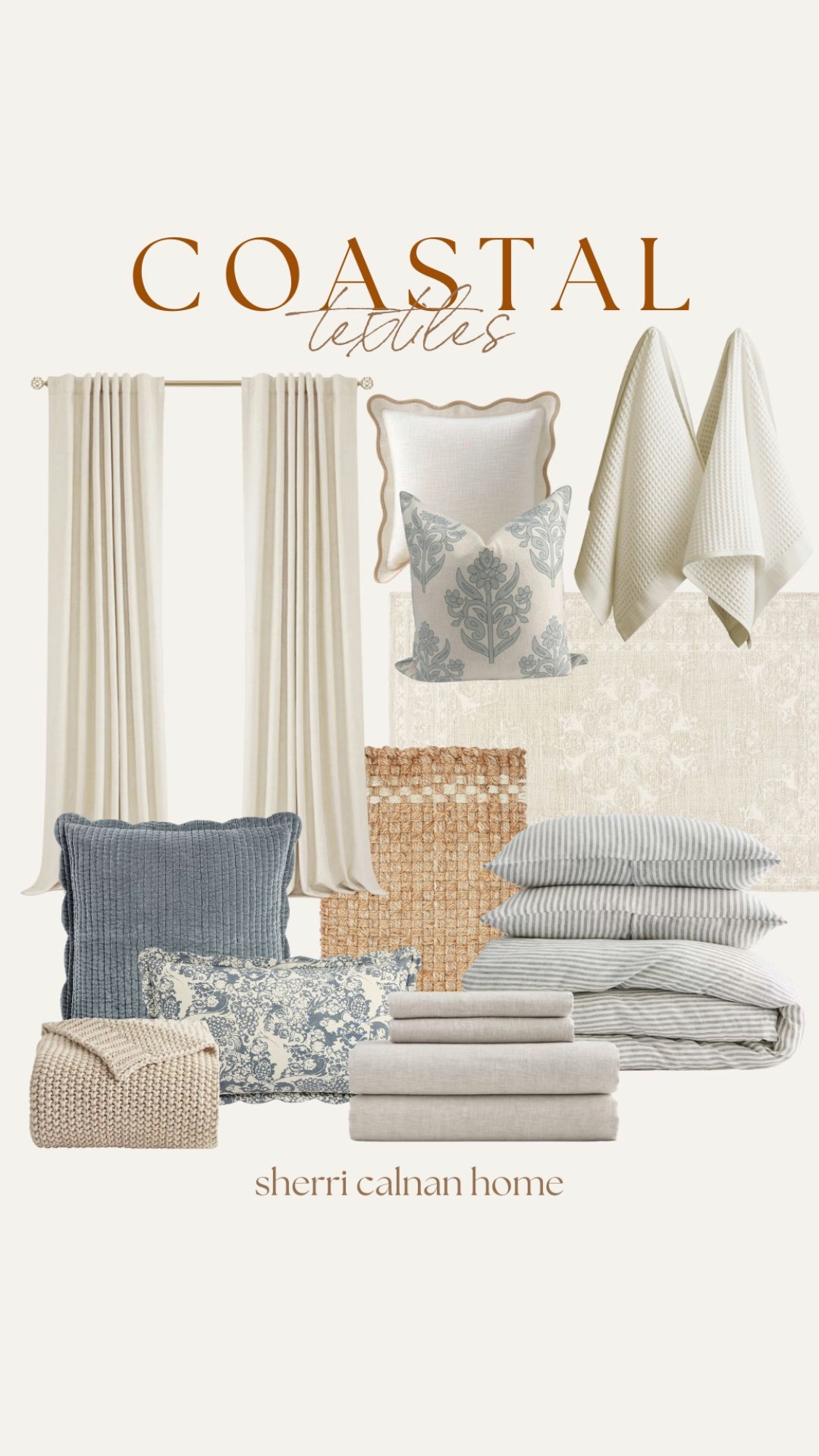 Coastal home textiles featuring cream curtains, blue and neutral patterned pillows, striped bedding, woven rugs, and cozy knit throws.