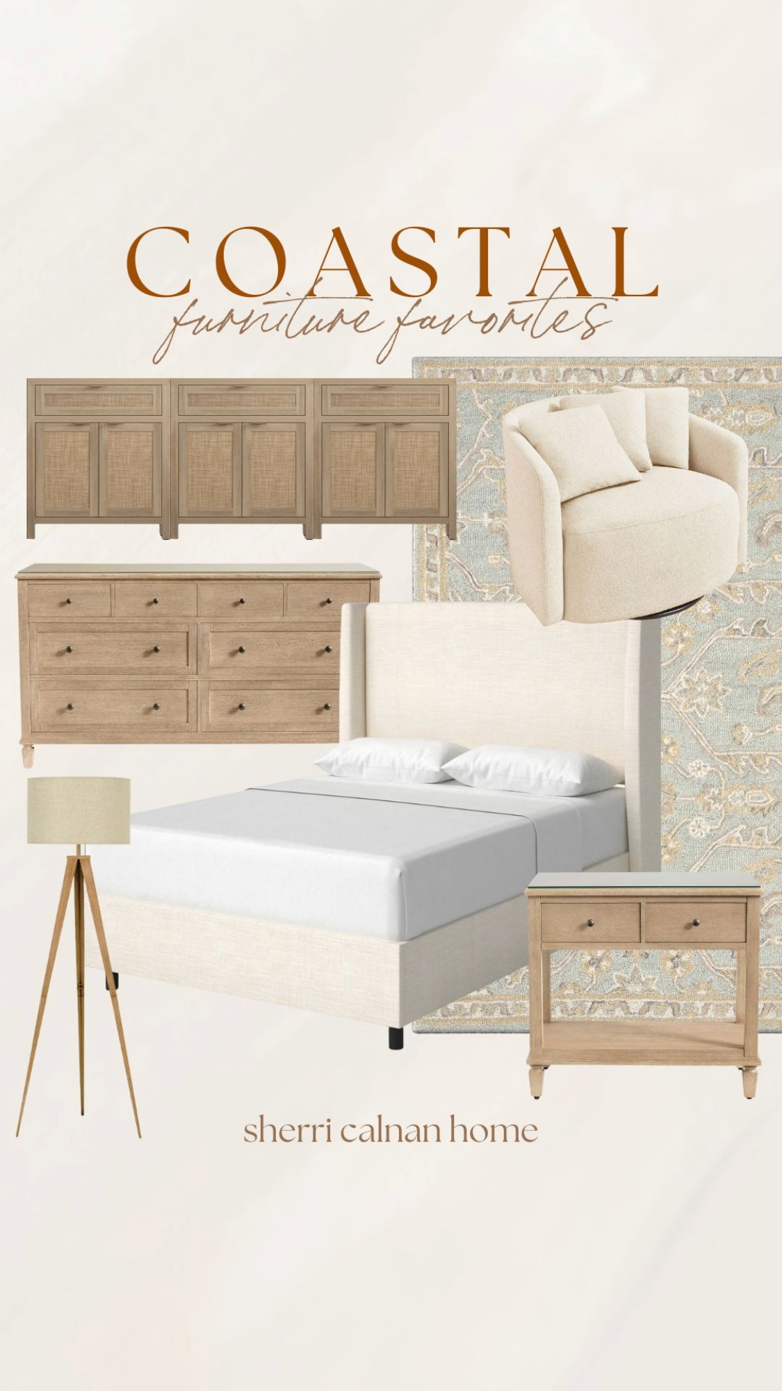 Coastal inspired furniture set with natural wood dressers, upholstered swivel chair, neutral bed frame, nightstand, and blue patterned rug.