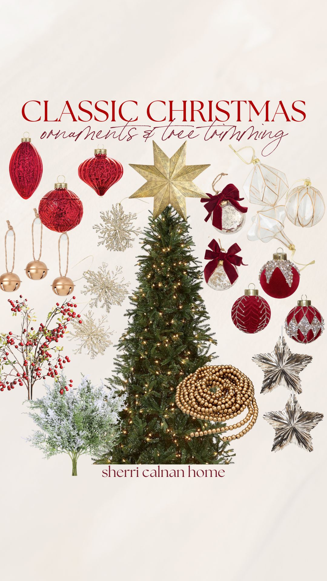 Classic Christmas decor collage featuring red and gold ornaments, tree topper star, beaded garland, snowflake accents, and natural greenery ideas for holiday tree trimming.