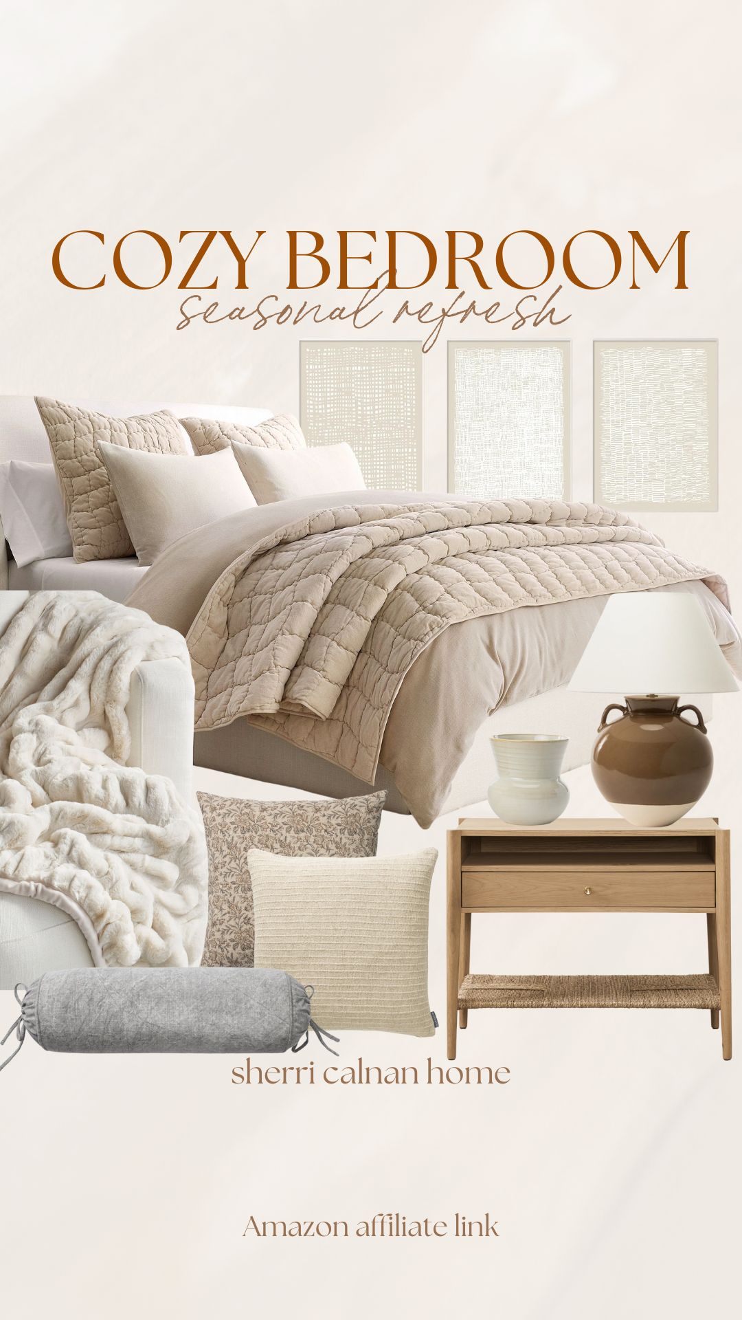 Neutral coastal bedroom styled with layered neutrals for fall and winter, featuring a beige quilted comforter, linen pillows, and cozy throw blankets from Sherri Calnan Home.