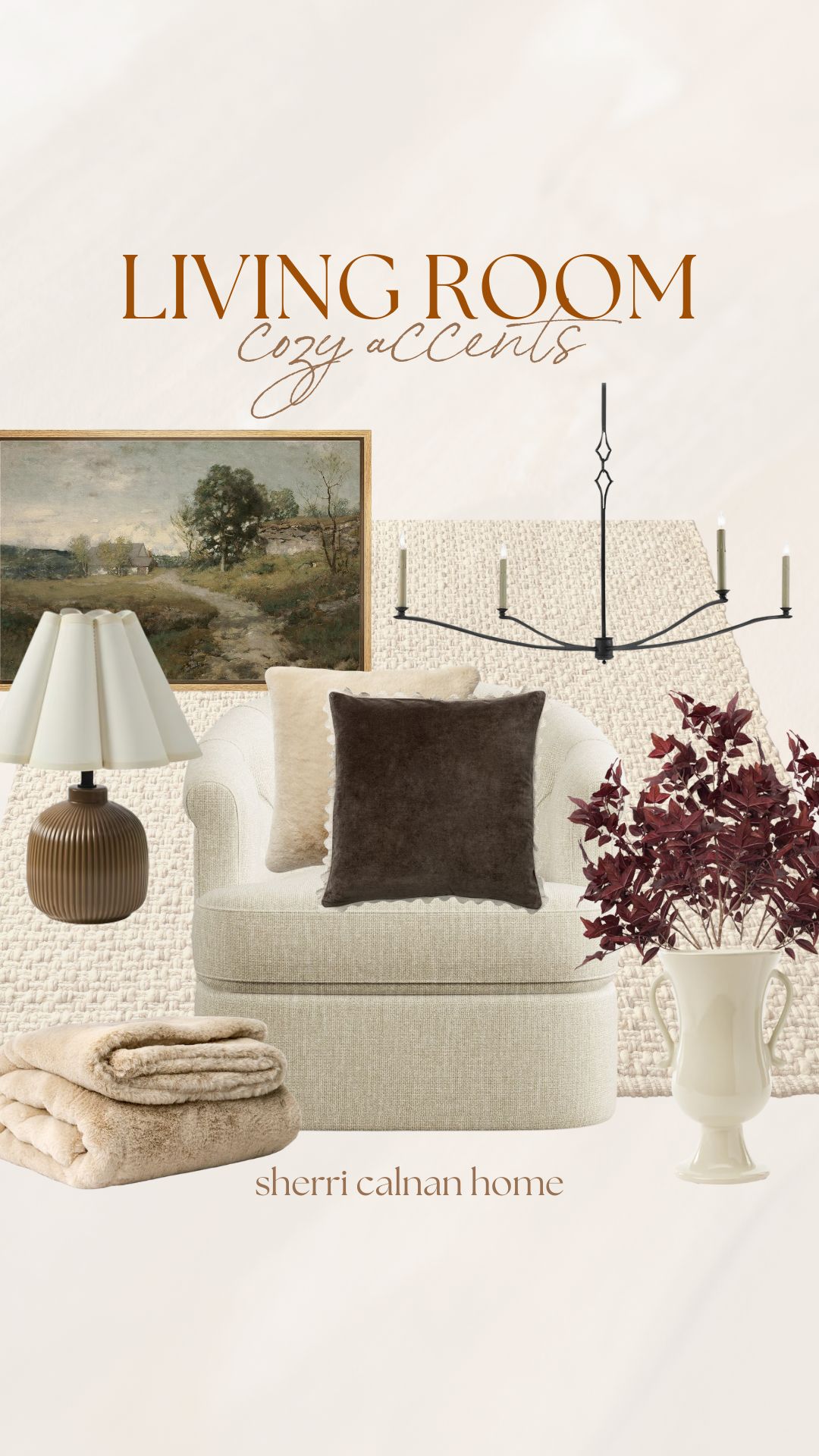 Cozy living room decorated with layered neutrals and soft textures, including linen armchairs, warm accent pillows, a ceramic lamp, and natural artwork for a coastal fall home.