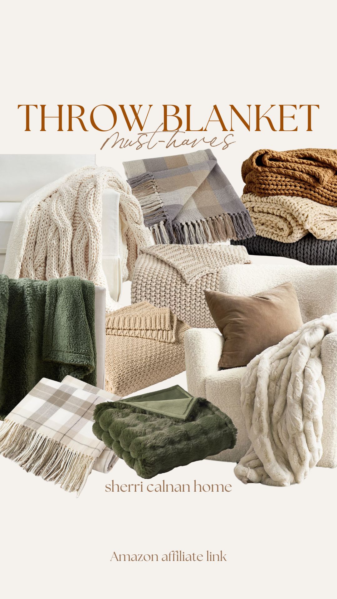 Collection of cozy throw blankets in layered neutral tones, featuring knit, faux fur, and plaid textures perfect for creating a warm coastal home during fall and winter.