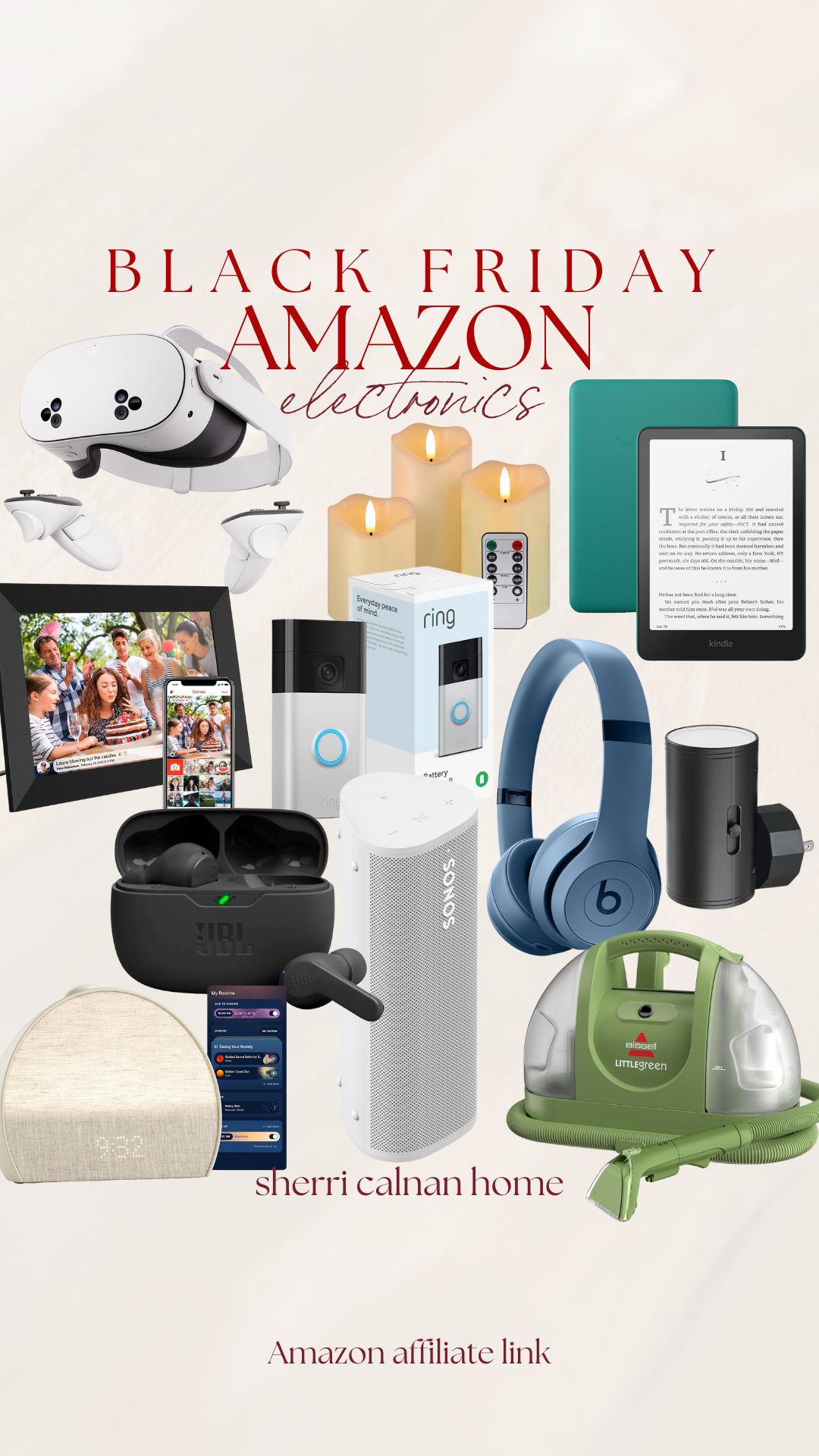 Black Friday Amazon electronics collage featuring a VR headset and controllers, flameless candles, a Kindle, digital photo frame, Ring doorbell, Beats headphones, JBL earbuds, Sonos speaker, smart plug, fabric sunrise alarm clock, and a Bissell Little Green cleaner on a neutral background.