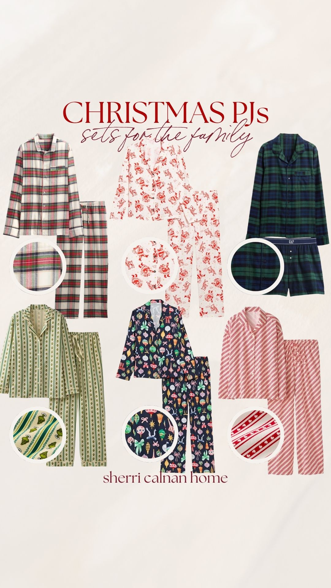 Festive Christmas pajama sets for the family featuring plaid, candy cane, and Santa prints in classic red, green, and navy patterns. Perfect matching holiday sleepwear for cozy family mornings and photos.