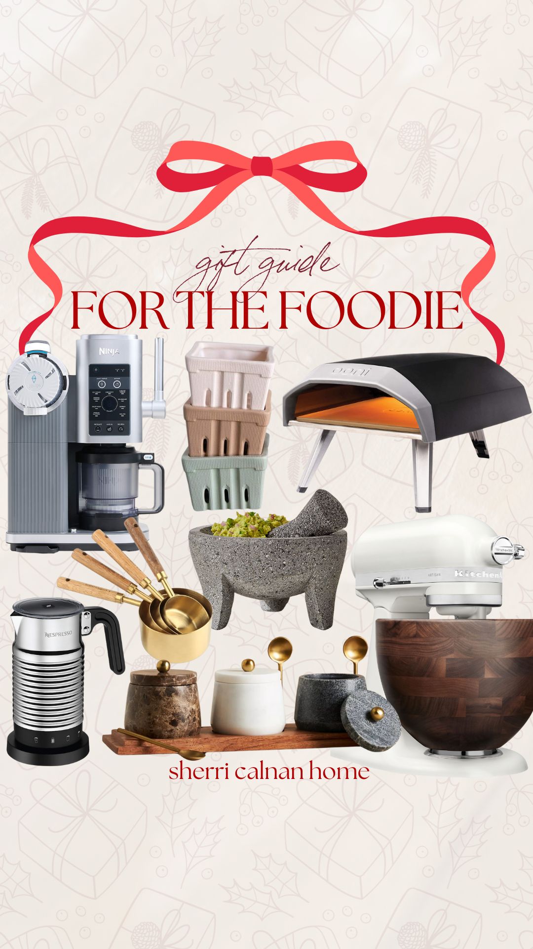 Holiday gift guide for food lovers with items like the Ooni pizza oven, KitchenAid mixer, Ninja coffee system, gold measuring cups, and marble storage jars. Thoughtful and stylish kitchen gifts for the home chef.