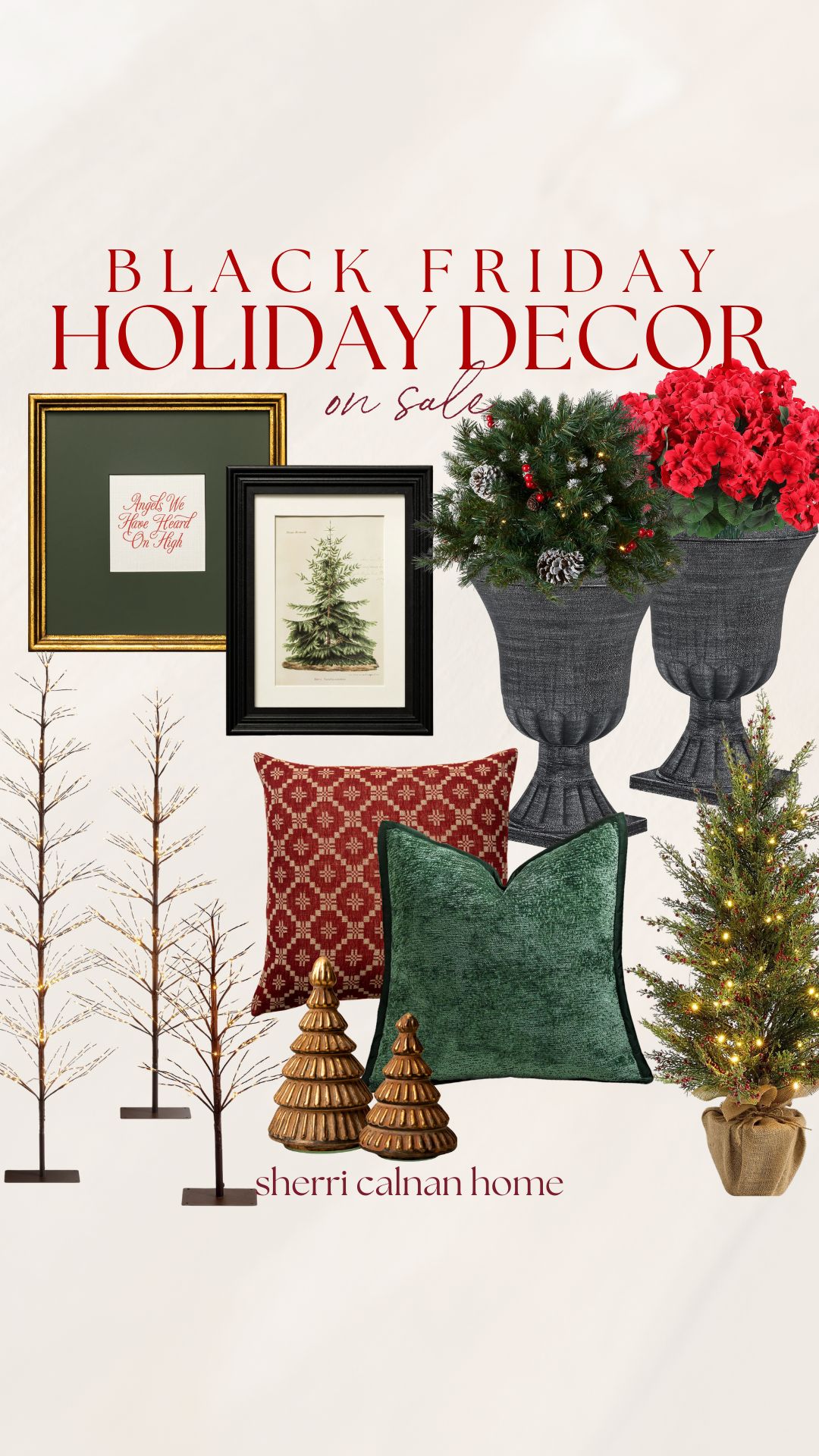 Black Friday holiday decor collage with framed Christmas artwork, faux greenery arrangements in black urn planters, red and green throw pillows, gold tabletop Christmas trees, pre-lit twig trees, and a small lit faux Christmas tree on a soft neutral background.