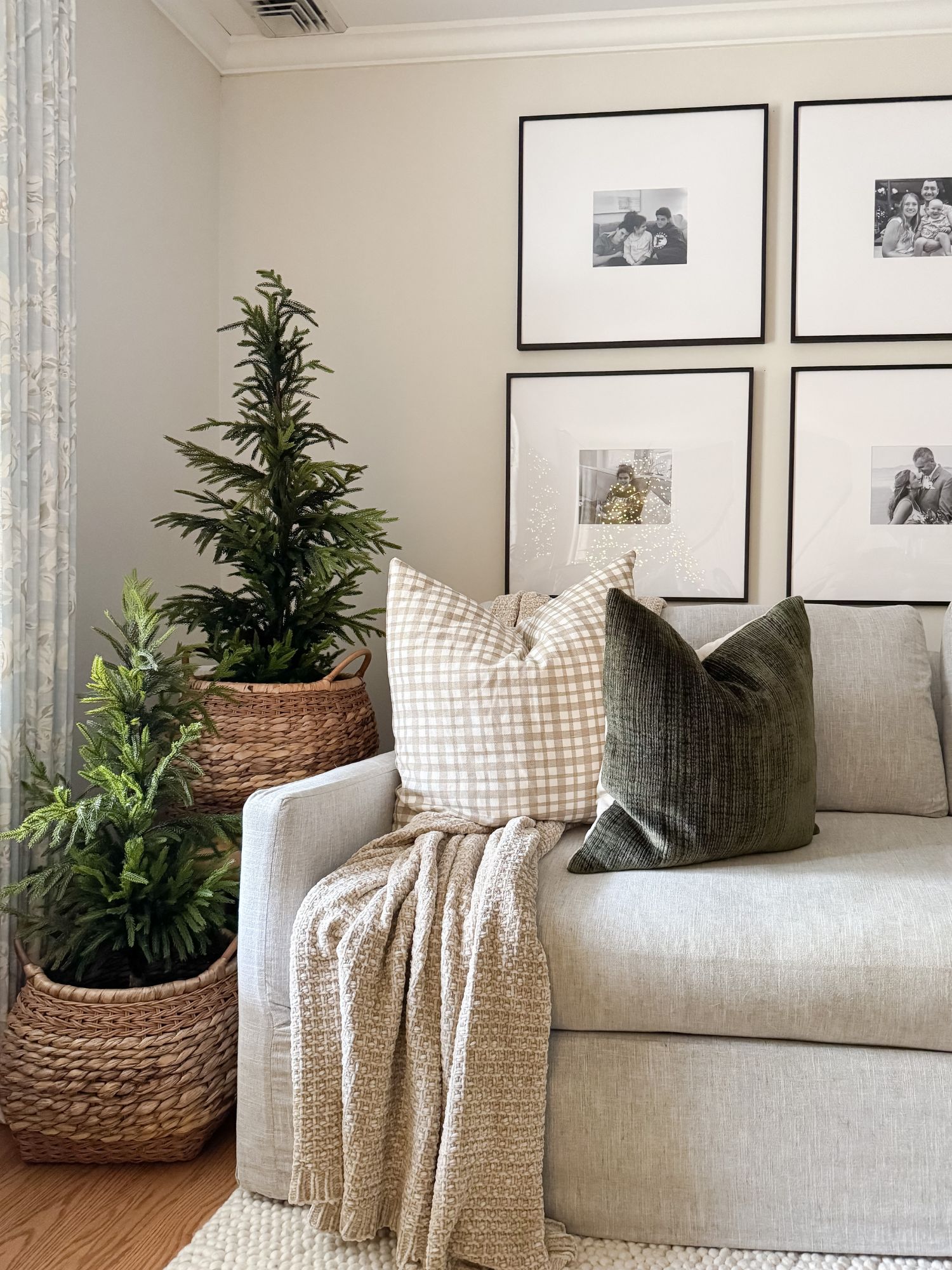 Living room sofa with neutral upholstery, layered gingham and green velvet pillows, a textured throw blanket, and two small faux trees in woven baskets beside a gallery wall of framed family photos.