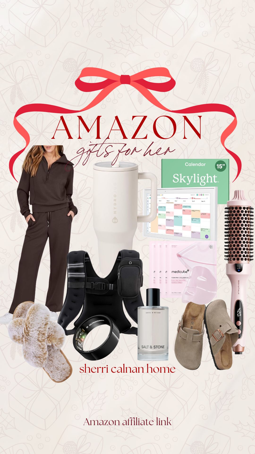 Amazon gift ideas for her including cozy loungewear, HydroJug travel mug, hair styling tool, Salt and Stone perfume, slippers, weighted vest, and tech gadgets. Curated by Sherri Calnan Home for thoughtful and practical holiday gifting.