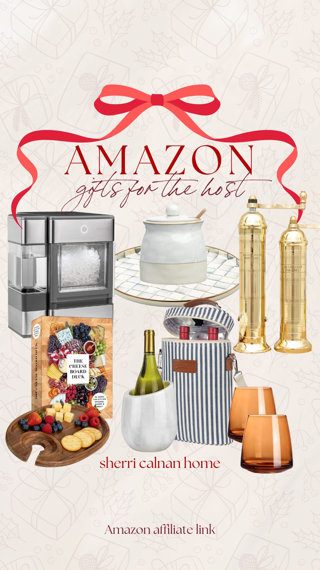 Amazon gifts for the host featuring an ice maker, ceramic serving set, gold salt and pepper mills, cheese board deck, striped wine cooler tote, and amber glassware. Elegant and functional gift ideas for holiday hosts.