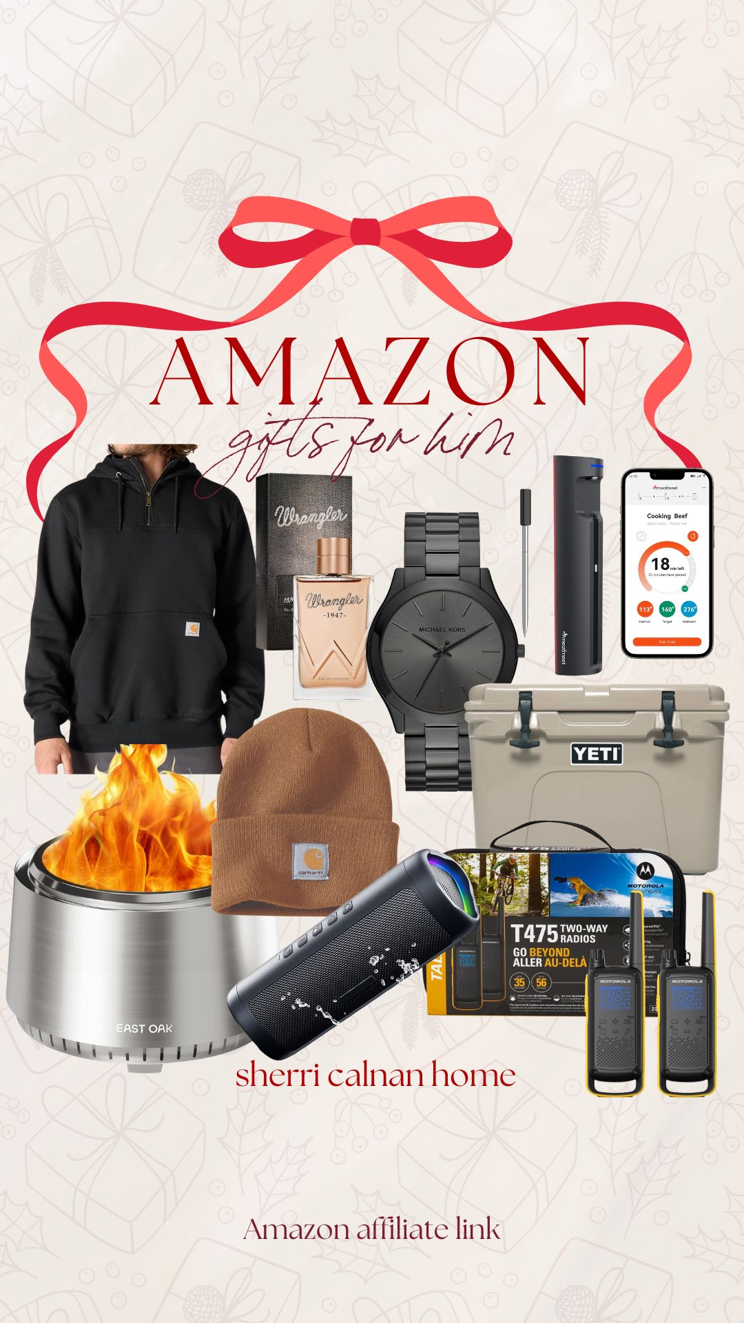 Amazon gift guide for him featuring a Carhartt hoodie and beanie, Michael Kors watch, Yeti cooler, portable speaker, outdoor fire pit, and Wrangler cologne. Practical holiday gifts for men curated by Sherri Calnan Home.
