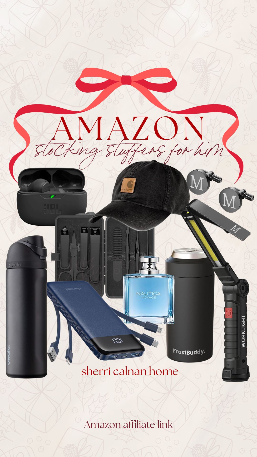 Stocking stuffer ideas for men including a Carhartt hat, Nautica cologne, JBL earbuds, multitool set, Owala tumbler, portable charger, flashlight, and Frost Buddy can cooler. Affordable and useful gifts for him from Sherri Calnan Home.