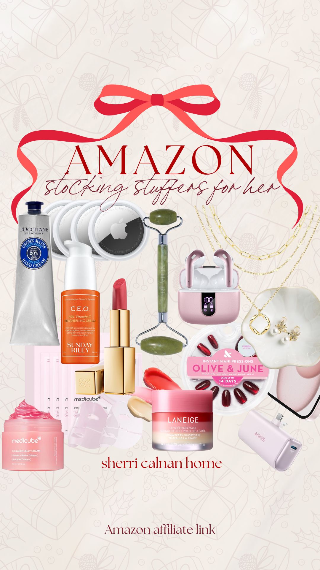 Stocking stuffer ideas for her from Amazon featuring beauty and wellness products like L’Occitane hand cream, Sunday Riley serum, Laneige lip mask, Apple AirTags, Olive & June nail set, jewelry, and skincare tools. Affordable small gifts for women.