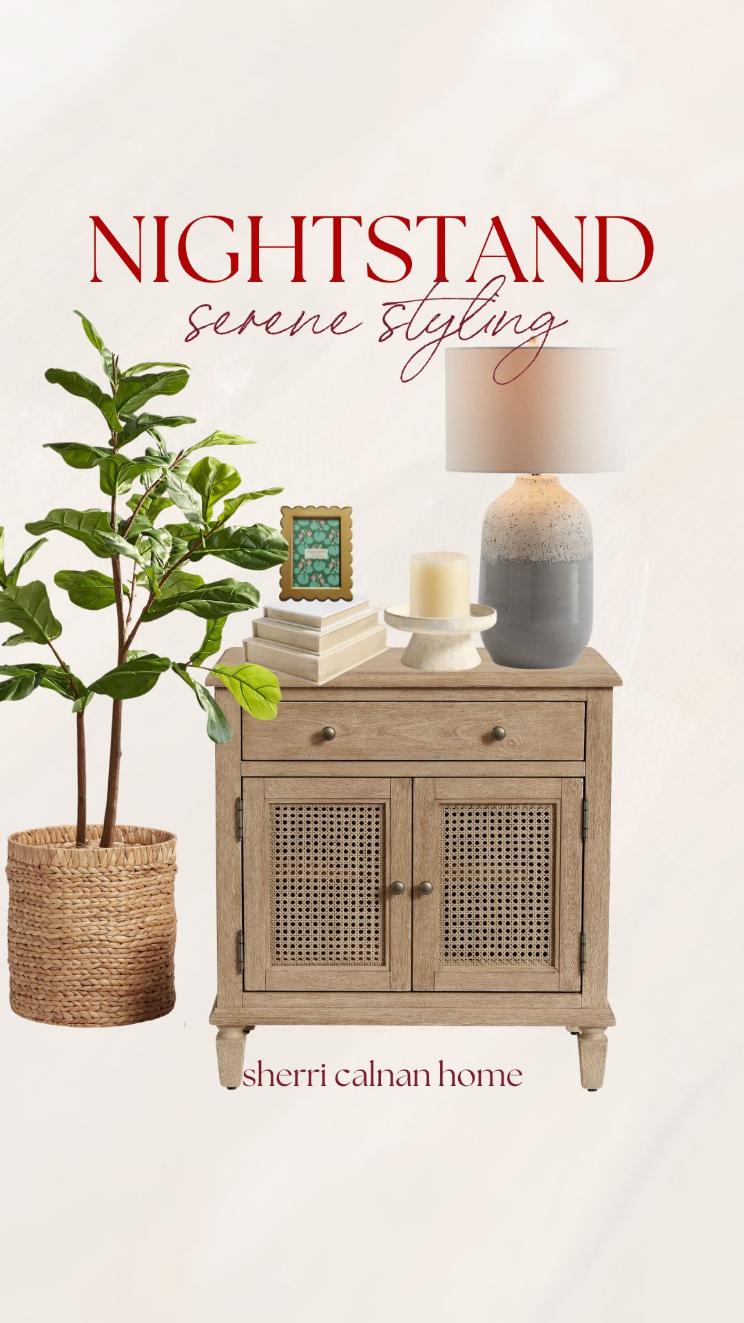 Winter bedroom nightstand styled with woven wood cabinet, ceramic lamp, stacked books, candle, framed photo, and tall fiddle leaf fig for serene bedroom decor.