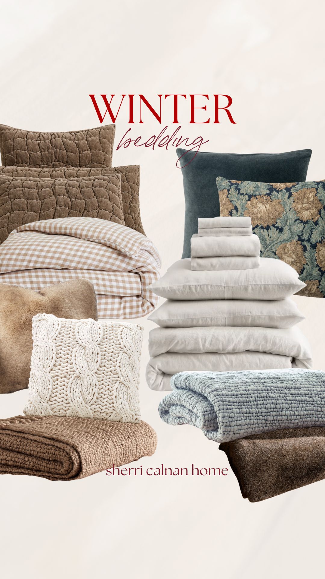 Winter bedroom bedding collage featuring layered quilts, neutral pillows, soft blue throw, knit accent pillow, and cozy textured blankets for a calm winter bedroom look.