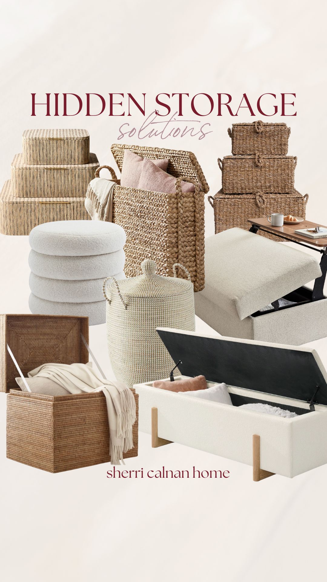 Hidden storage solutions for a family friendly home including woven baskets, storage ottomans, benches with storage, and neutral textured organization pieces.