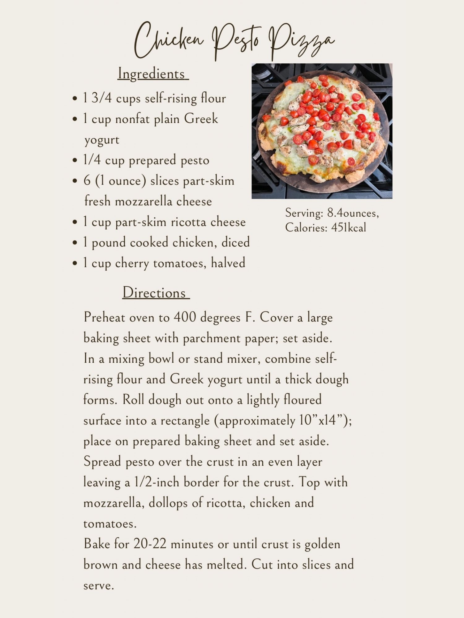 Chicken pesto pizza recipe card with simple ingredients and directions for an easy family friendly weeknight meal.