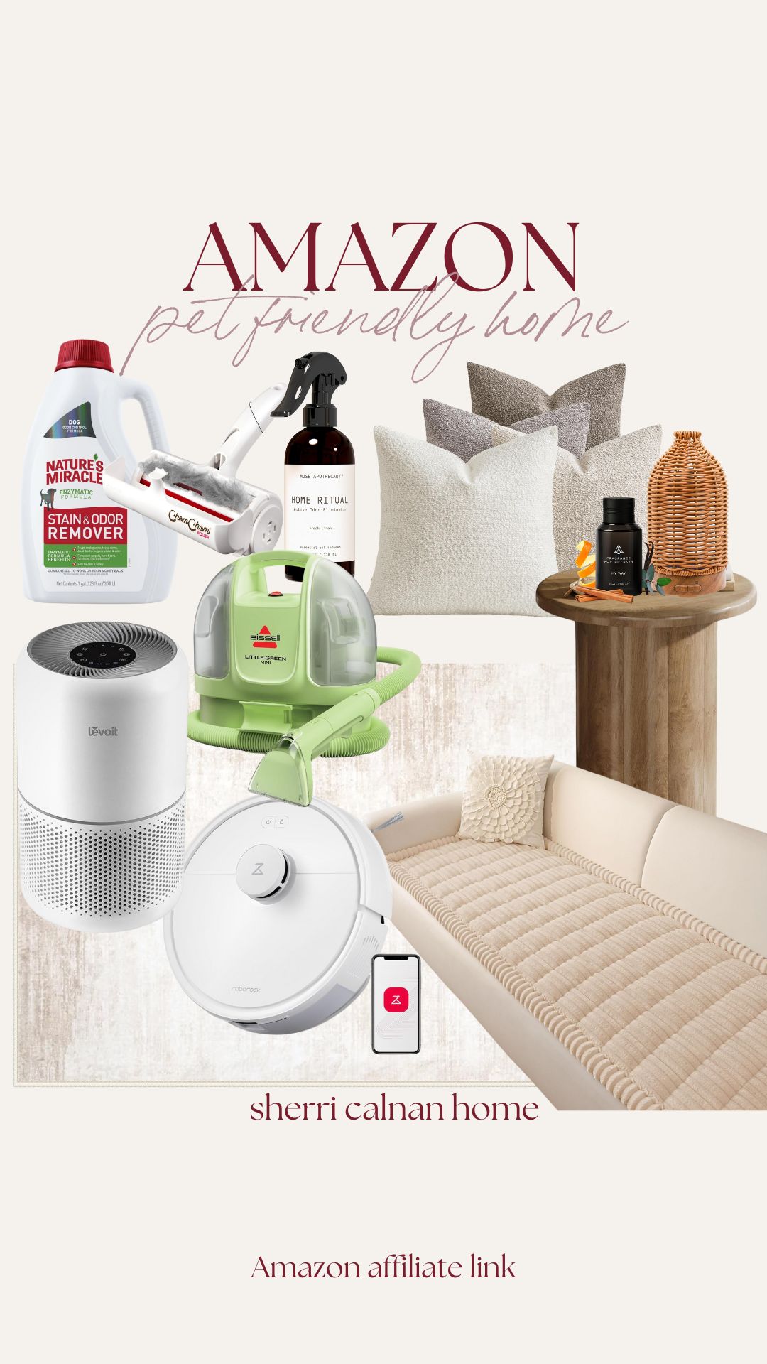 Amazon pet friendly home essentials including washable pillows, couch covers, pet odor removers, air purifier, robot vacuum, and durable neutral furniture for homes with pets.