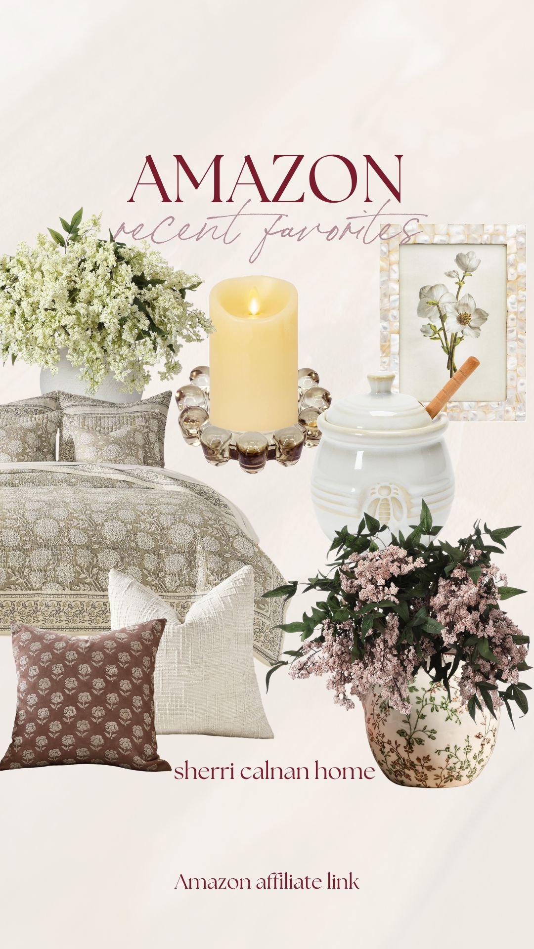 Amazon recent favorites collage featuring coastal spring home decor including floral bedding, decorative pillows, ceramic honey pot, art print, candle holder, and seasonal florals.
