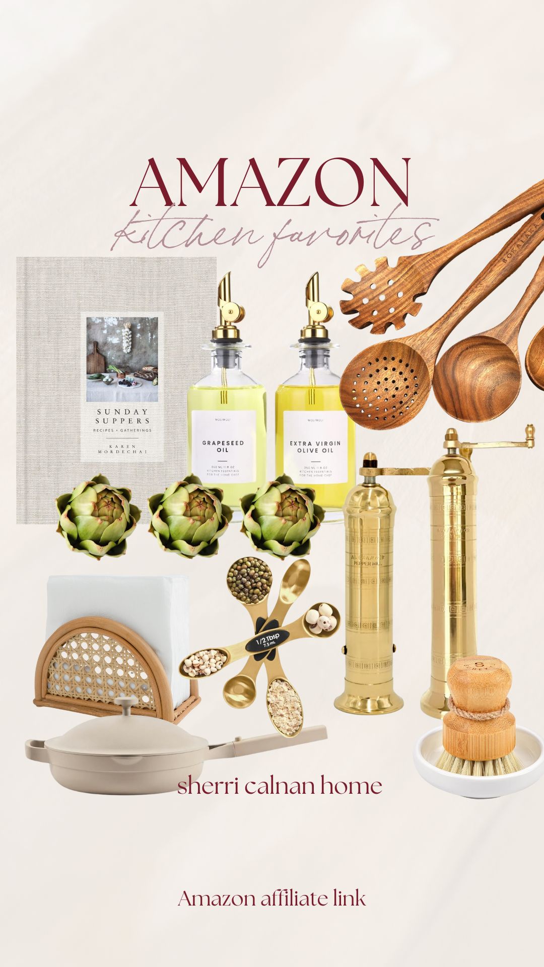 Amazon kitchen favorites collage featuring oil and vinegar dispensers, wood utensils, gold kitchen tools, neutral cookware, and coastal inspired kitchen accessories.
