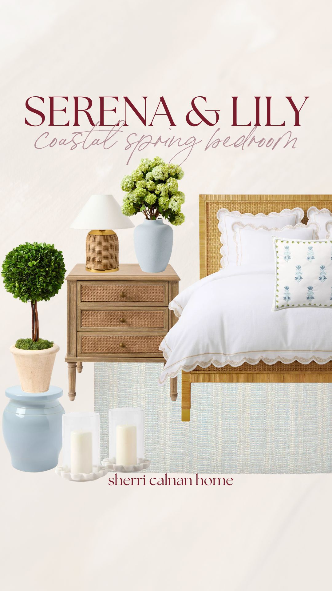 Serena and Lily coastal spring bedroom collage with woven nightstand, rattan bed, white scalloped bedding, soft blue accents, greenery, and neutral layered decor.