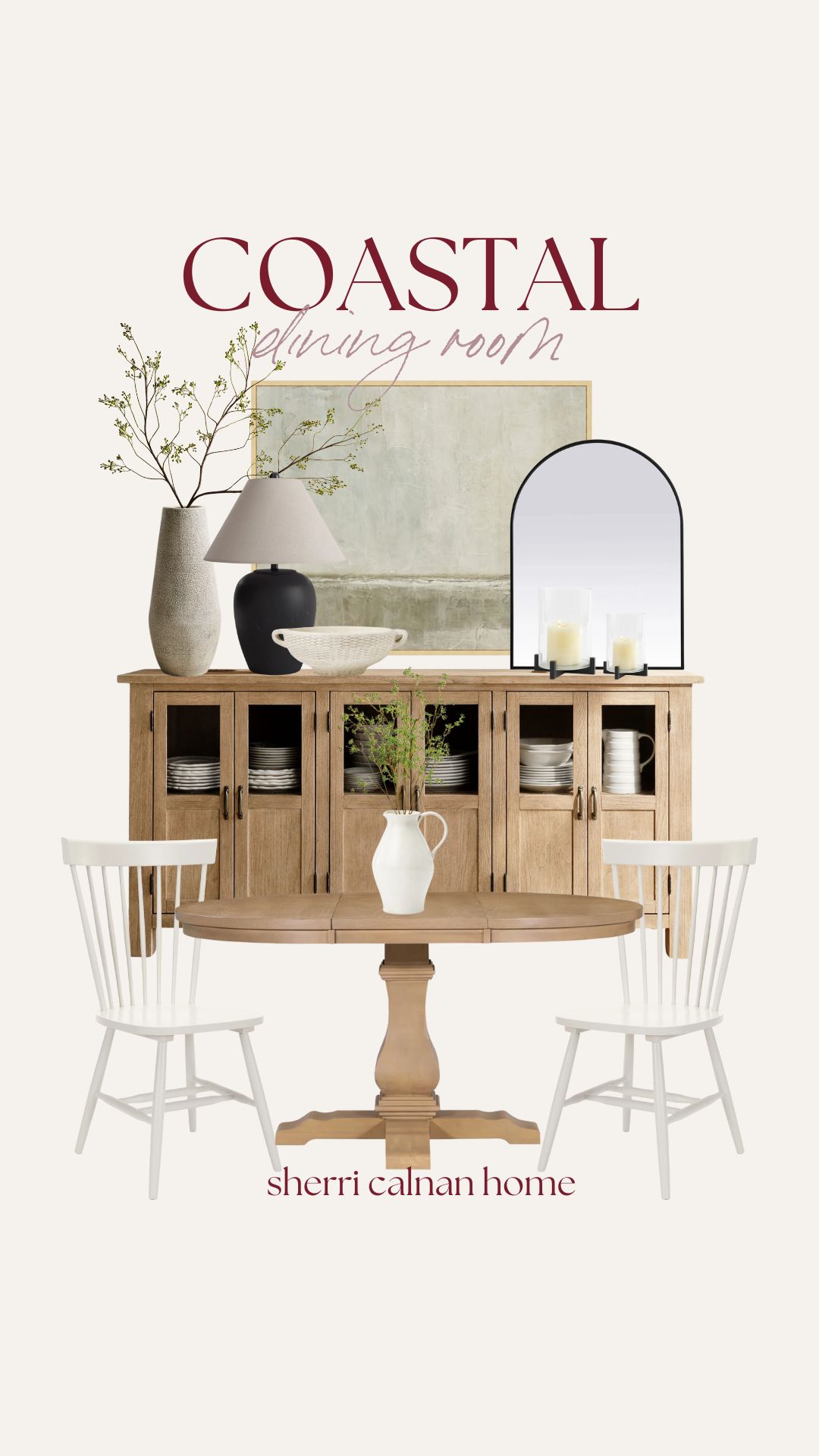 Neutral coastal dining room styling with wood buffet cabinet, white dining chairs, ceramic vases, greenery, and layered Cape Cod inspired home decor.