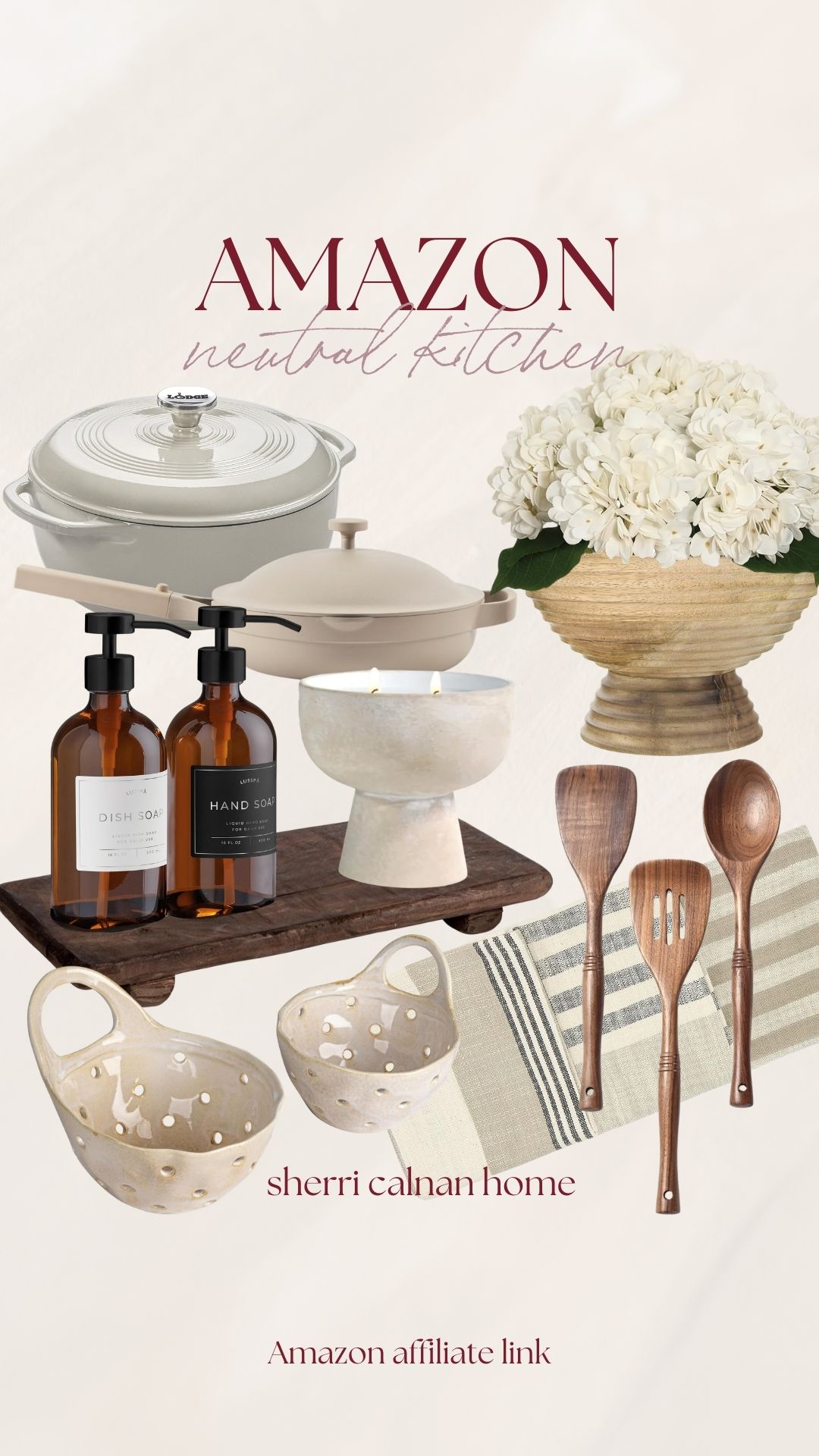 Neutral kitchen Amazon finds including amber soap dispensers, ceramic cookware, stone pedestal bowl candle, wooden utensils, striped kitchen towel, colanders, and hydrangea centerpiece decor.