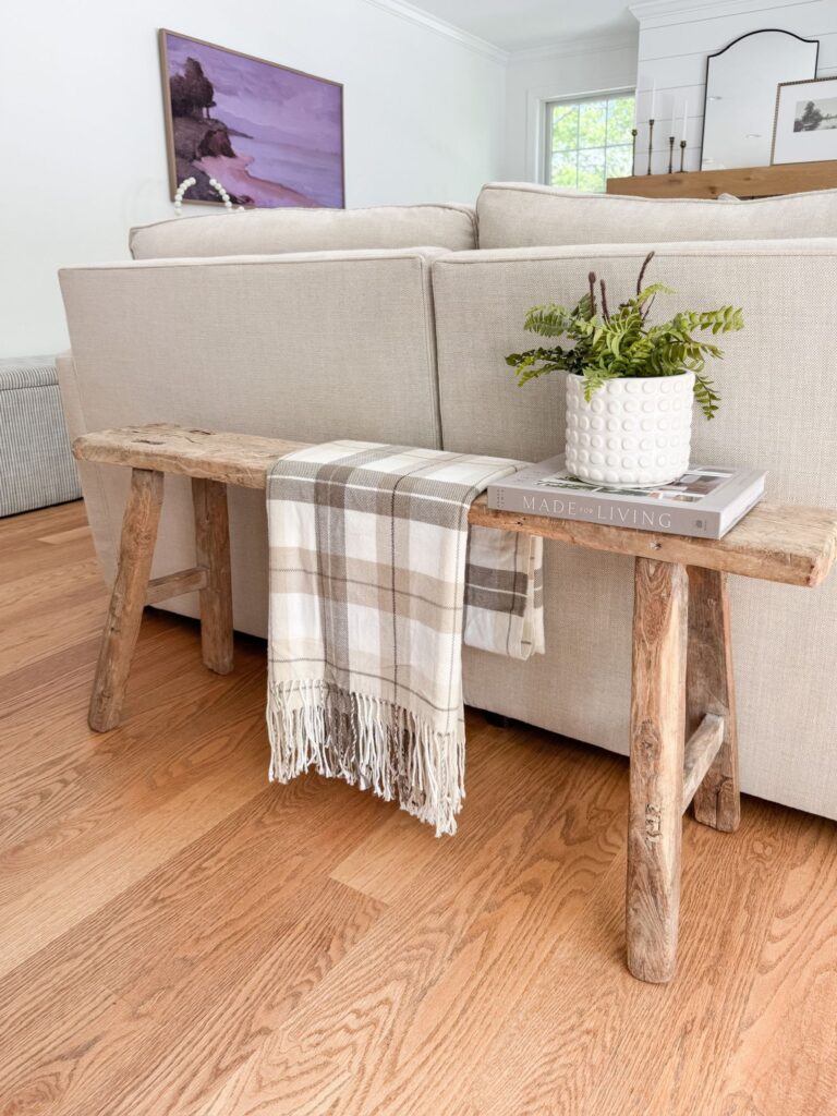 bench behind couch with blanket and plant