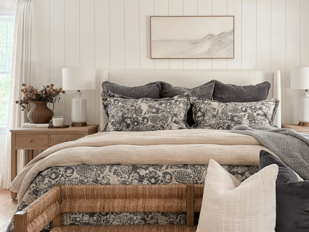 An image of a bed with fall bedding featuring navy and white florals